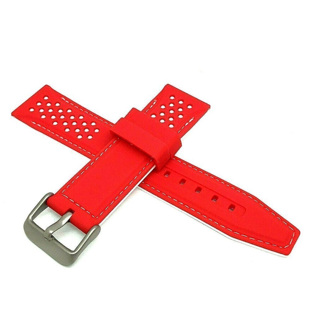 Mens Watch Band Replacement Red White Rubber Strap 22mm Lug Silver Buck